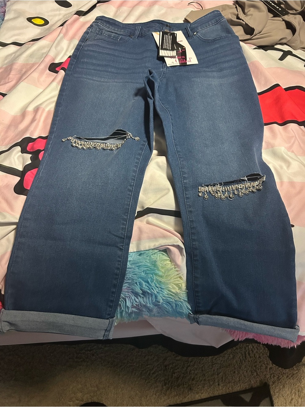 Women with Control Light Blue Boyfriend Jeans with Beaded Fringe